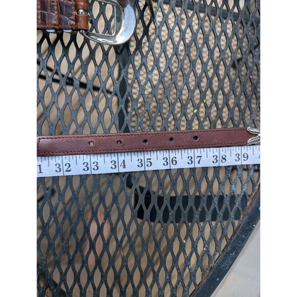 Vintage Brown Leather Belt Concho Western Slim Festival Silver Buckle M/L - Picture 8 of 8